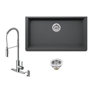 All-in-One Undermount Quartz Composite 33 in. 0-Hole Single Bowl Kitchen Sink with Pull Down Faucet in Grey