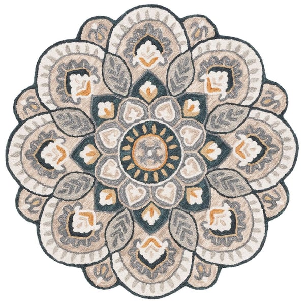 Novelty 6 ft. x 6 ft. Beige/Navy Floral Flower Round Rug