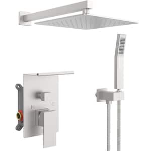 1-Spray 10 in. Dual Shower Head Wall Mounted Fixed and Handheld Shower Head 2.2 GPM with Storage Rack in Brushed Nickel