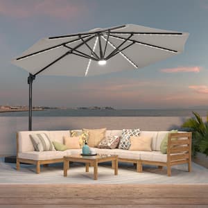11 ft. LED Outdoor Cantilever Patio Umbrella with a Base and 360° Rotation and Infinite Canopy Angle Adjustment Gray