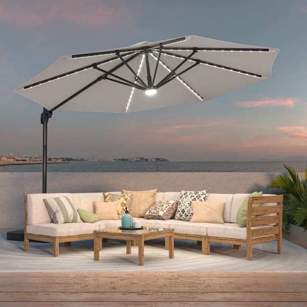 11 ft. LED Outdoor Cantilever Patio Umbrella with a Base and 360° Rotation and Infinite Canopy Angle Adjustment Gray