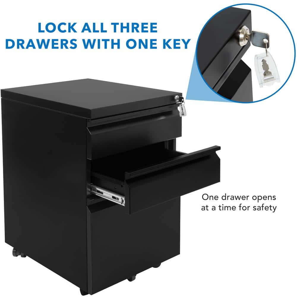 Black Mobile 3 Drawer Lockable Pedestal File Cabinet