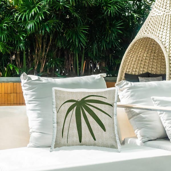 Boho Palm Leaf Green Square Outdoor Throw Pillow