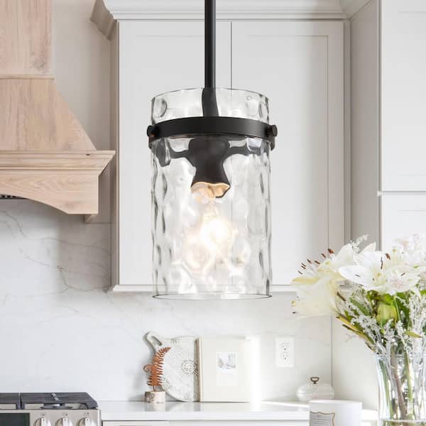 5.9 in. Modern Black Pendant Light for Kitchen Island Over Sink Hammered Glass Cylinder Hanging Light for Dining Room