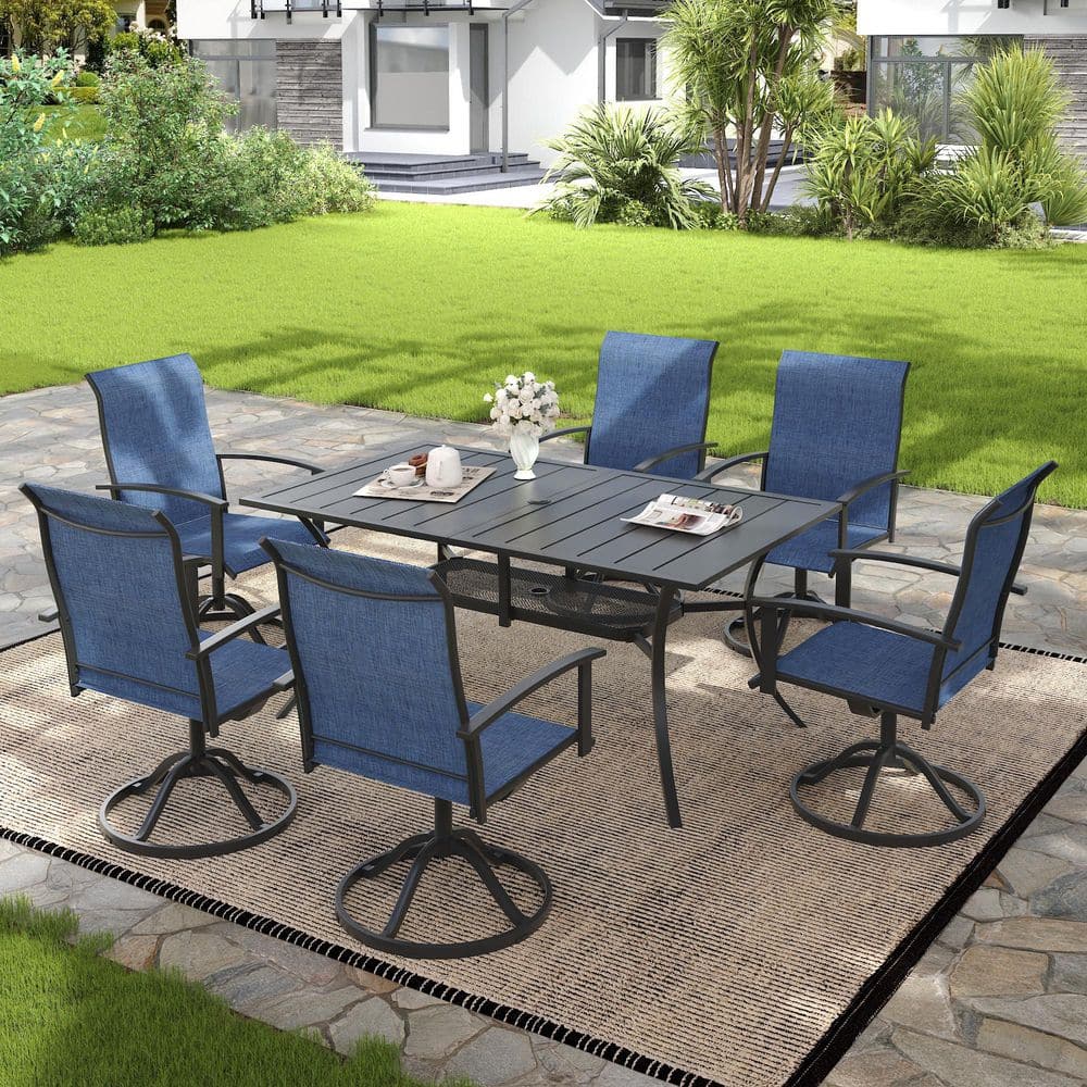 7-Piece Metal Outdoor Dining Set with 59.2 in. Black Rectangular Dining Table and 6 Blue Textilene Swivel Patio Chairs price history on PriceWatchPro