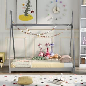 Gray Twin Size Floor House Platform Bed with Roof, Wood Toddler Kids Tent House Bed Frame with Triangle Structure