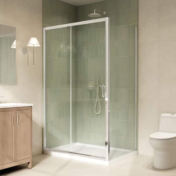 Breeze 48 in. L x 32 in. W x 72.83 in. H Straight Corner Shower Kit in Chrome with Clear Sliding Door and Pan
