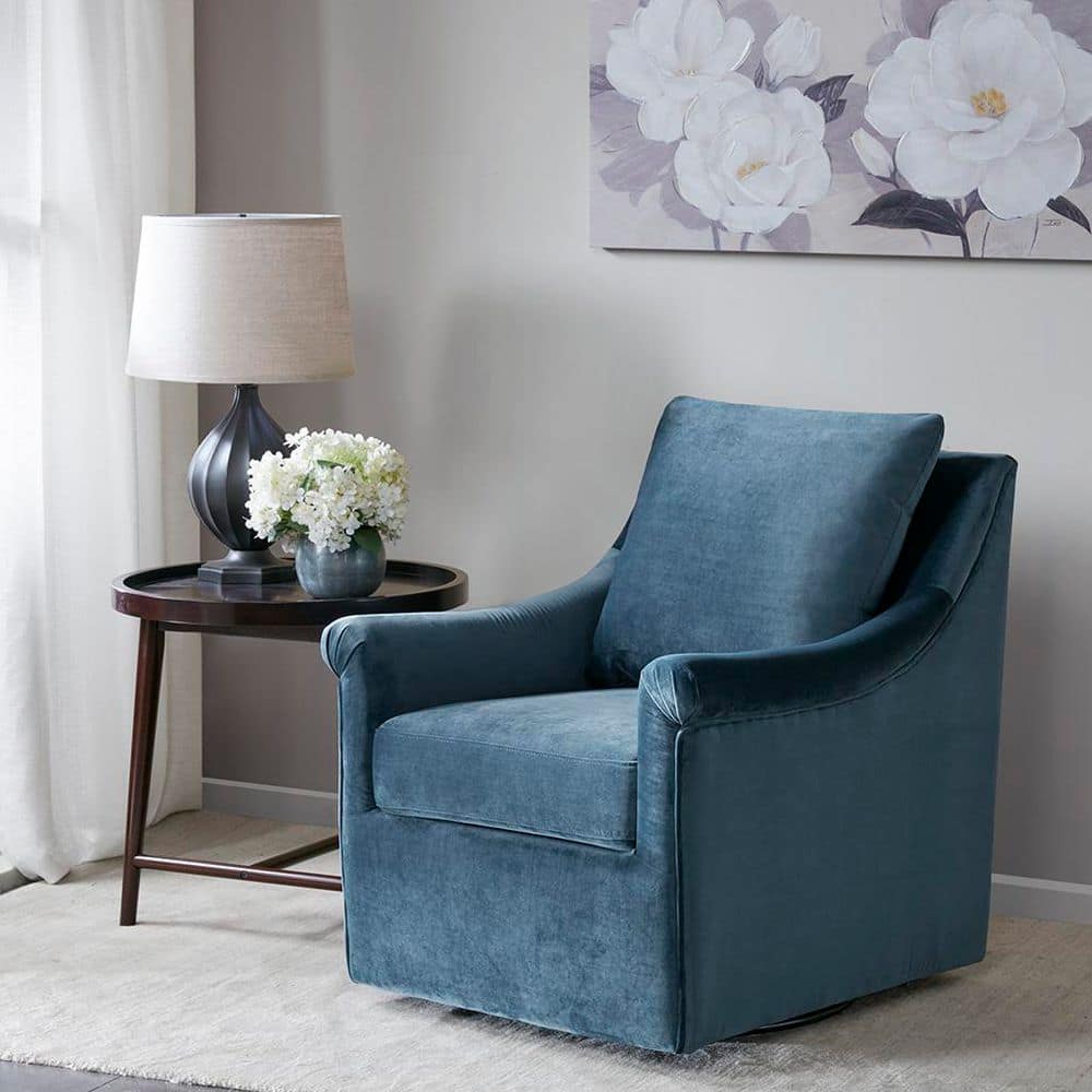 Modern Classic Blue Velvet Upholstered Swivel Accent Arm Chair with Loose Back Cushion and Metal Base