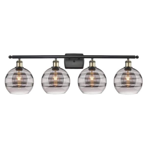 Rochester 38 in. 4-Light Black Antique Brass Vanity Light with Glass Shade