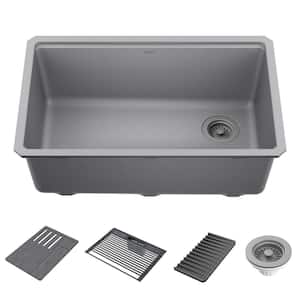 Everest Dark Grey Granite Composite 30 in. Single Bowl Undermount Workstation Kitchen Sink with Accessories