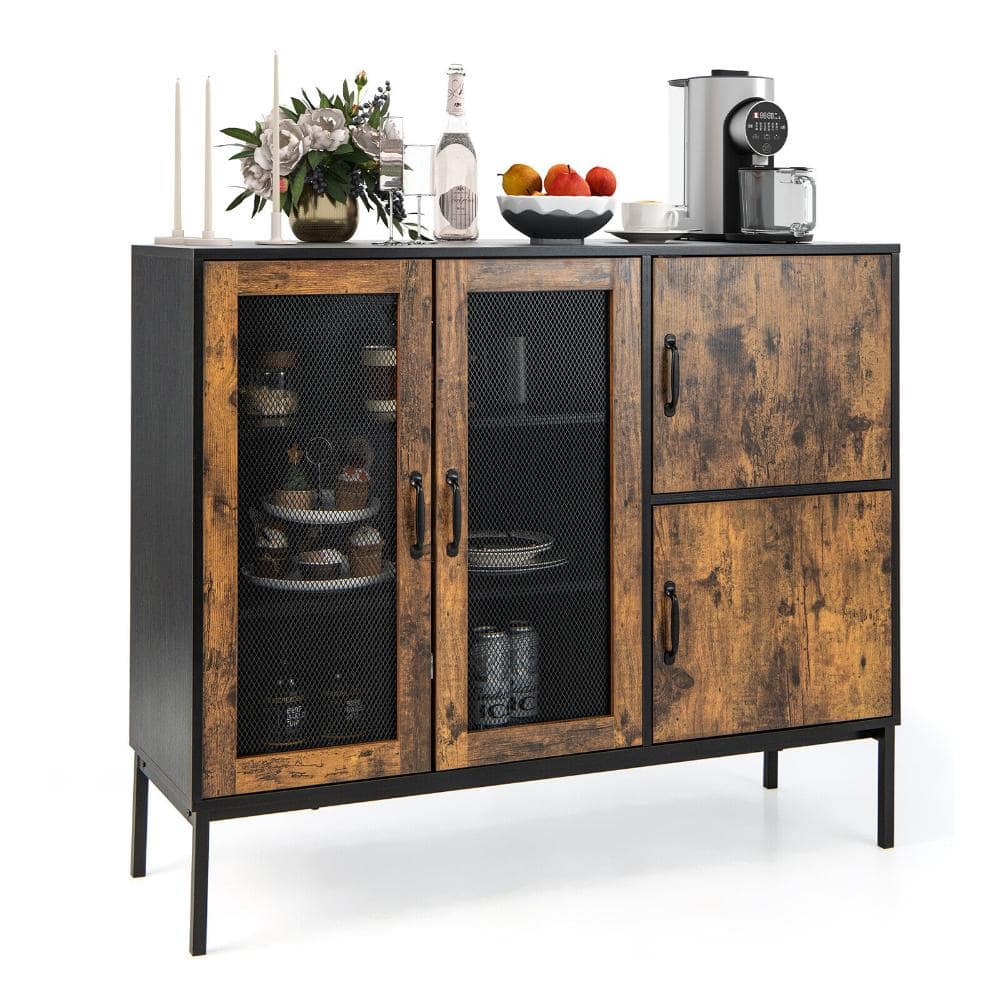 Bunpeony 48-inch Industrial Kitchen Buffet Sideboard in rustic brown with black metal mesh doors.