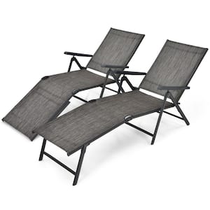 2-Piece Foldable Metal Outdoor Lounge Chair with 2-Position Footrest in Gray