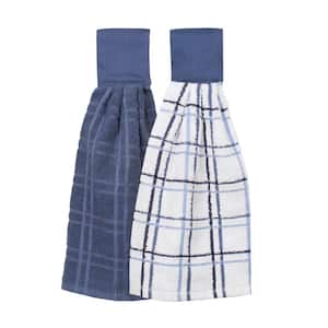 Federal Blue Solid and Multi Check Cotton Tie Towel (Set of 2)