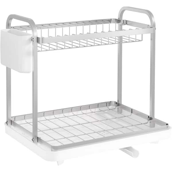 Unbranded 2-Tier Dish Rack Drying with Drainboard and Cutlery Holder Organizers and Storage Stainless Steel in White