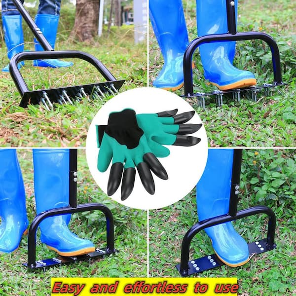 Lawn Aerator Tool Manual Metal Spike Grass Aeration with Dethatching Rake & 15-Tine Spikes Compacted Soil Blade span