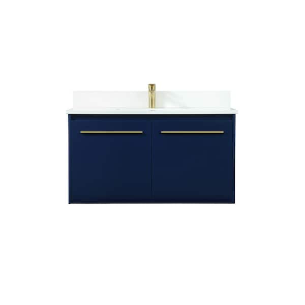 Unbranded Simply Living 36 in. W x 18 in. D x 19.7 in. H Bath Vanity in Blue with Ivory White Engineered Marble Top