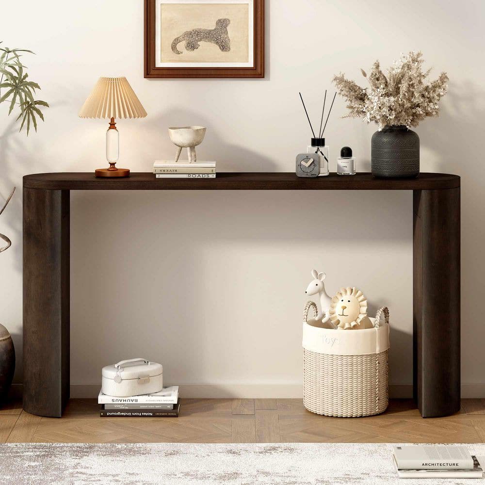 59.6 in. Dark Brown Oval Wood Console Table Entryway Table