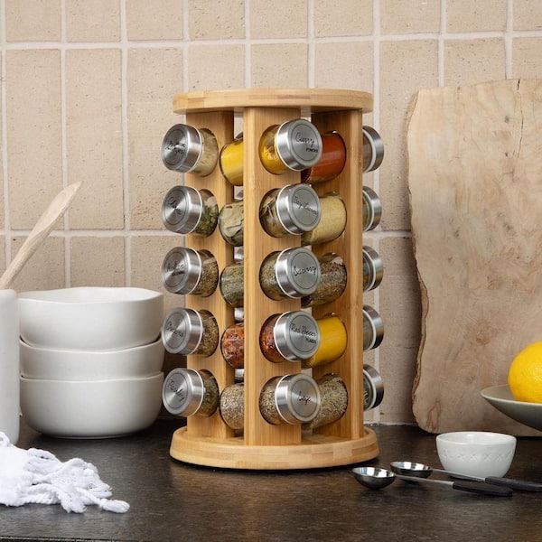 5 Shelf Bamboo Spice Rack with Rotating Tower Organizer for Kitchen Spices and Seasonings + 20 Spice Jar