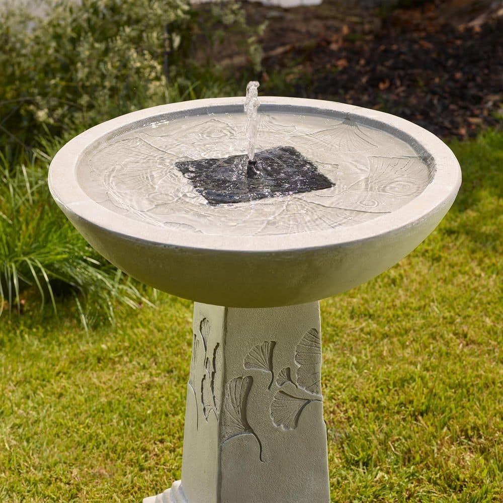 Ginkgo 27" Gray Concrete Solar Birdbath with Remote