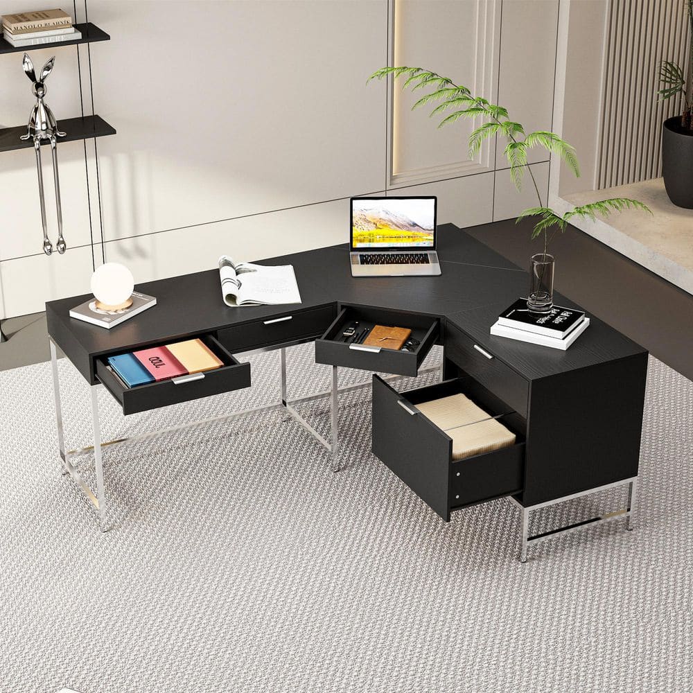 70.8 in. L-Shaped Black Wood 5-Drawer Computer Desk with Corner Design, Silver Metal Legs, Office Desk with Wide Desktop