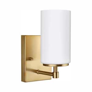 Alturas 4.375 in. Satin Brass Modern Contemporary Wall Sconce Vanity Light with Satin Etched Glass Shade and LED Bulb