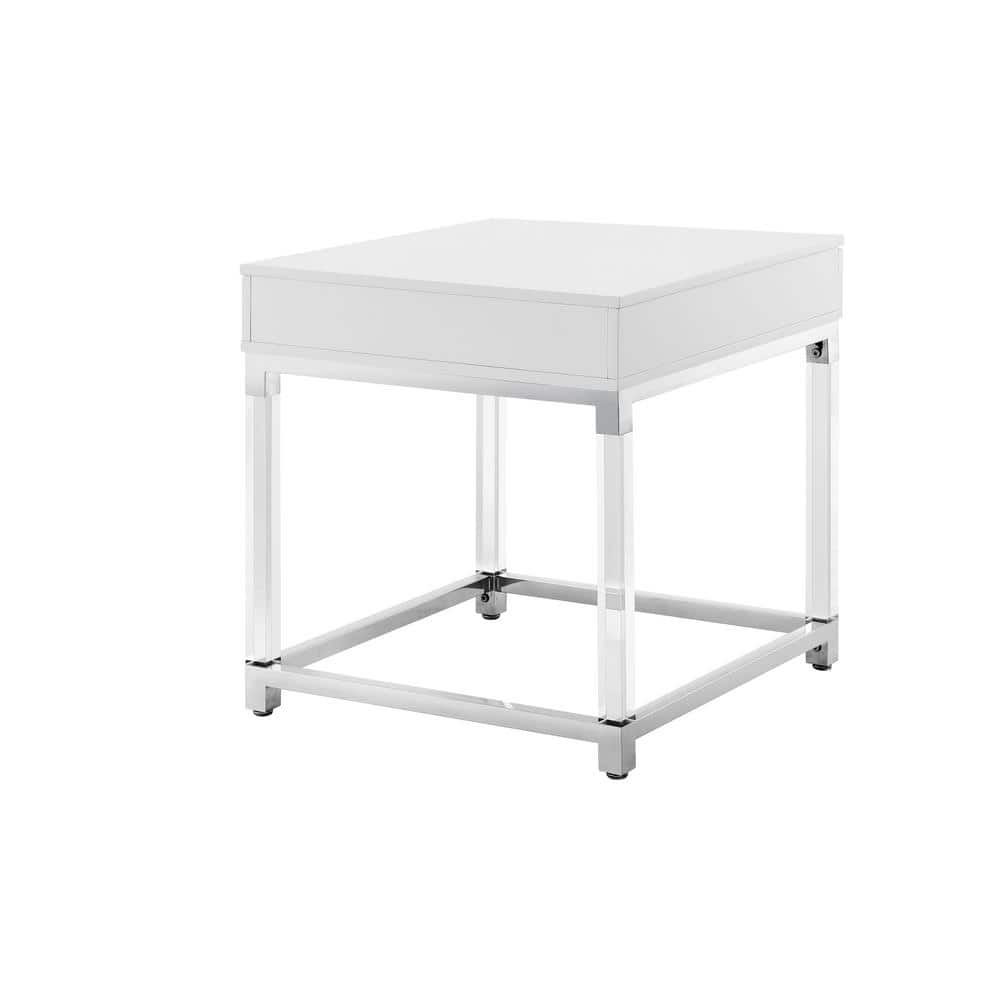 White and Chrome 1-Drawer End Table with Acrylic Legs
