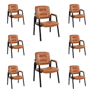 Set of 8 Caramel Office Guest Chairs, Upholstered Leather Executive Waiting Room Chairs with Armrests for Lobby