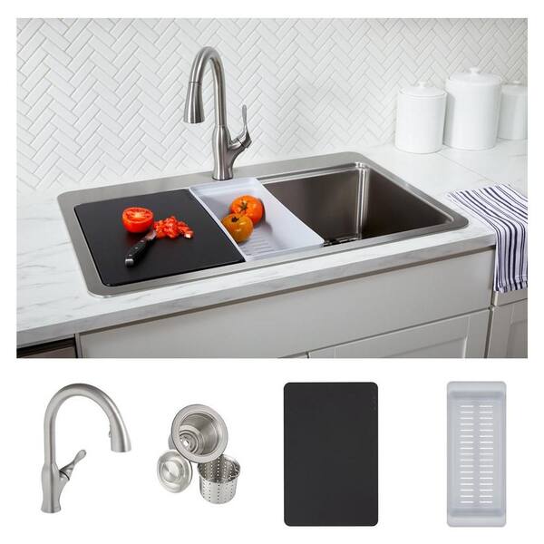 Elkay Avenue Stainless Steel 33 in. Single Bowl Undermount/Drop-in Kitchen Sink with Faucet and Workstation Kit