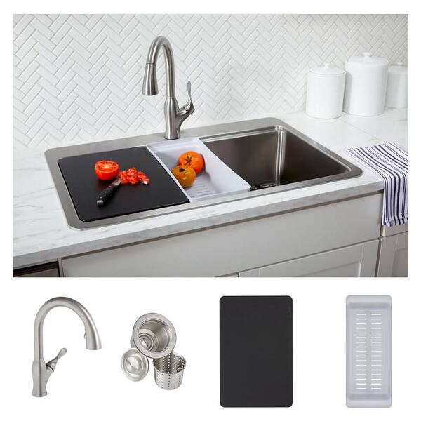 Elkay Avenue Stainless Steel 33 In Single Bowl Undermount Drop In Kitchen Sink With Faucet And Workstation Kit Hdsb33229tr1w The Home Depot