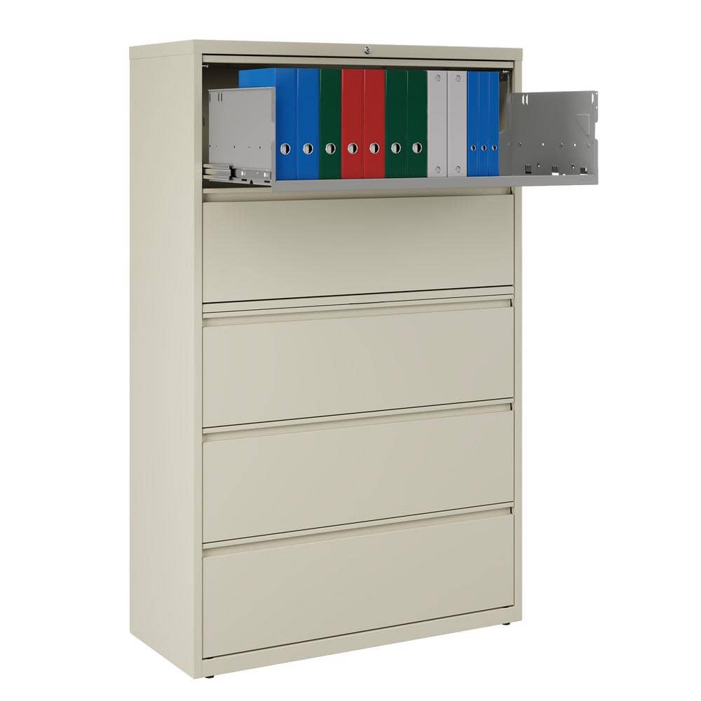 Putty Beige 42" Wide 5 Drawer Lockable Steel Lateral File Cabinet