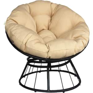 Outdoor Aluminium 360-Degree Swivel Saucer Chair with Fluffy Khaki Cushion, Deep Seating Accent Moon Chair