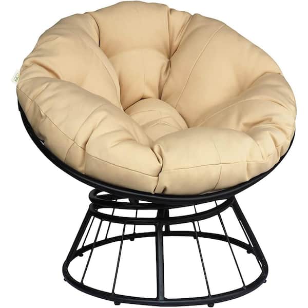 AUTMOON Outdoor Aluminium 360-Degree Swivel Saucer Chair with Fluffy Khaki Cushion, Deep Seating Accent Moon Chair
