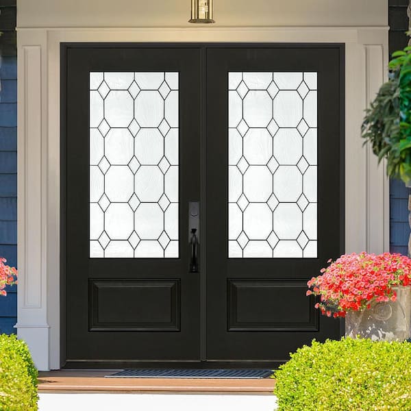Regency 64 in. x 80 in. 3/4L Marquise Glass LHIS Onyx Stain Fiberglass Double Prehung Front Door with 4-9/16 Jamb