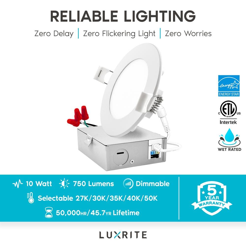 Luxrite 4 Inch White Aluminum Ultra Thin LED Recessed Light