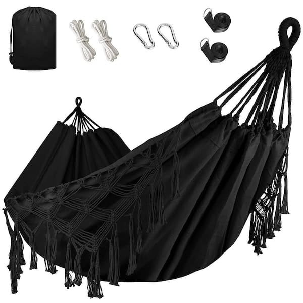 6.6 ft. Tassels and Fishtail Knitting Double Hammock with Mounting Straps for Outdoor Camping, Black