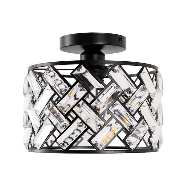 YANSUN 8 in. 1-Light Black Modern Semi-Flush Mount with Shade and No Bulbs Included