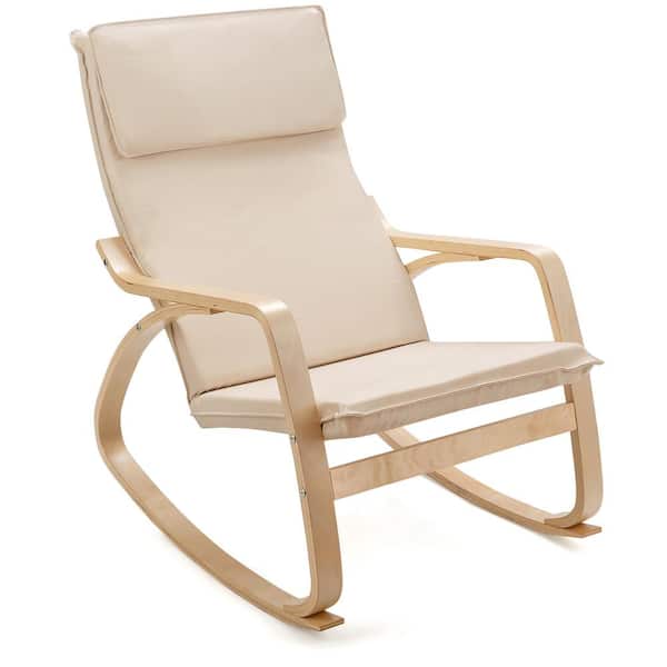 Costway Wood Outdoor Rocking Chair with Beige Cushion