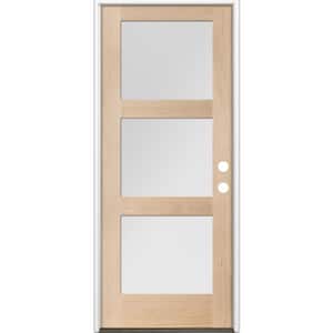 36 in. x 80 in. Modern Douglas Fir 3-Lite Left-Hand/Inswing Frosted Glass Unfinished Wood Prehung Front Door