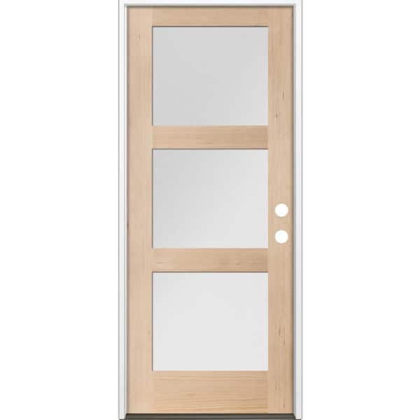 Krosswood Doors 36 in. x 80 in. Modern Hemlock 3-Lite Left-Hand/Inswing Frosted Glass Unfinished Wood Prehung Front Door