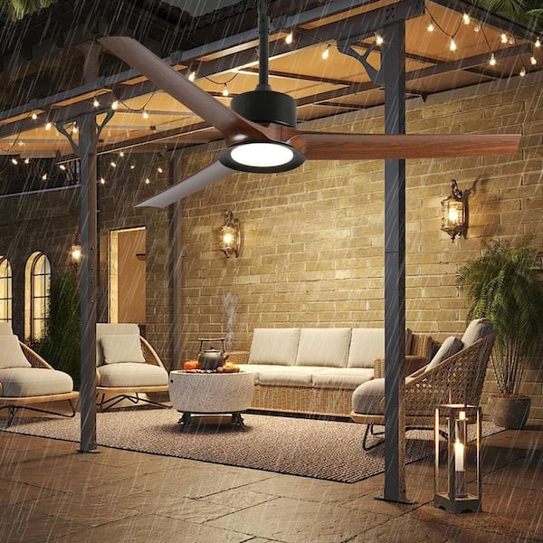 52 in. Outdoor Black Housing Ceiling Fan with Light, Hook Mount, Modern Style, Waterproof