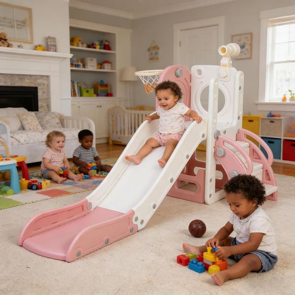 6 in 1 Toddle Slide, Indoor Outdoor Baby Slide with Basketball Hoop, Telescope, Storage Space and Non-Slip Steps