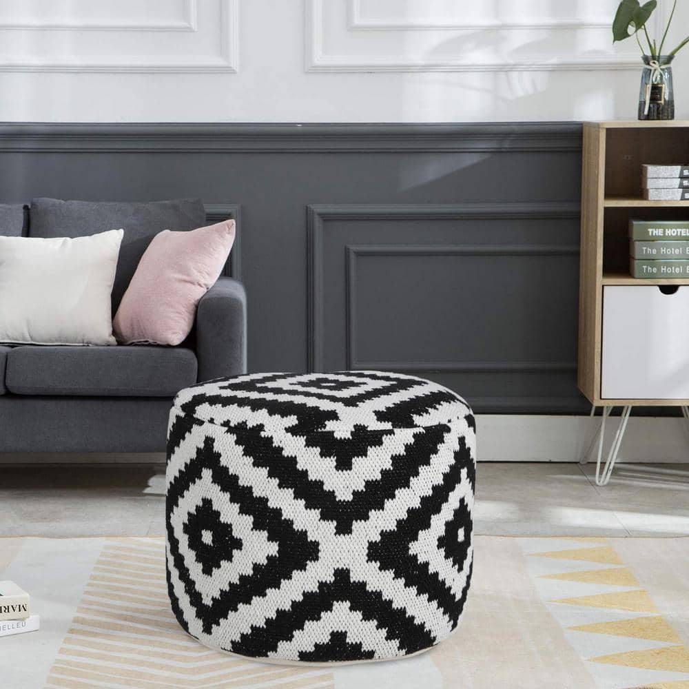 Monochromatic Medallion Geometric Round Pouf Ottoman