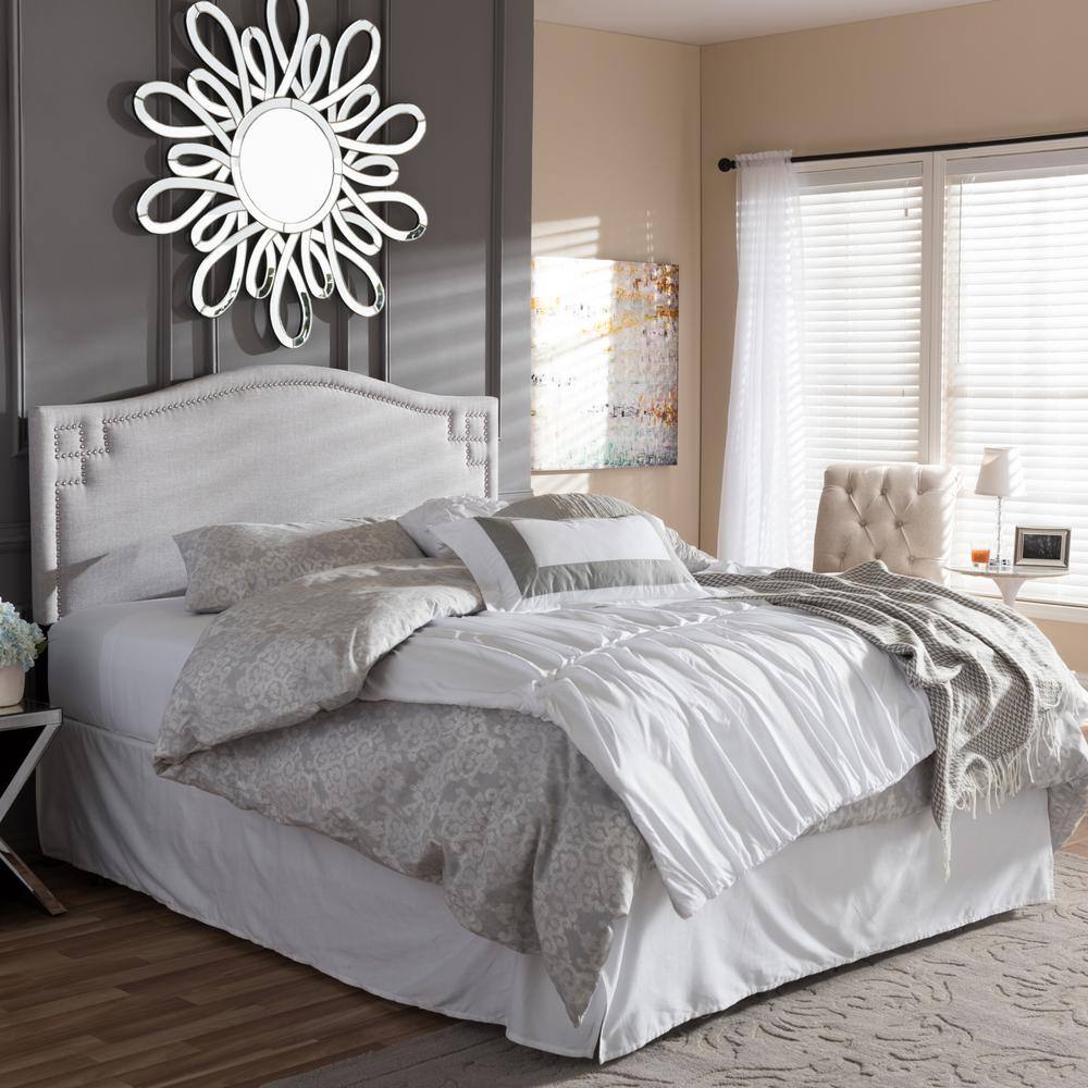 Greyish Beige Tufted Upholstered Queen Headboard with Nailhead Trim