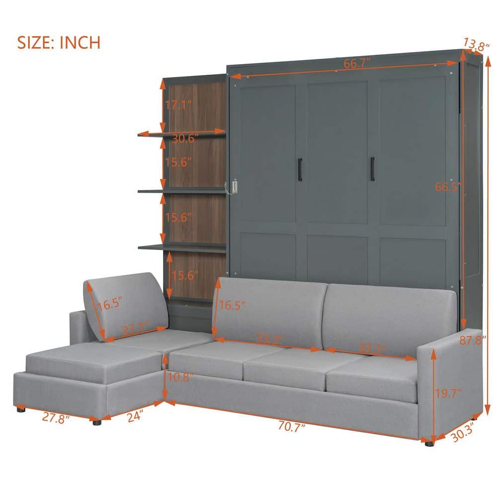Gray Wood Frame Queen Size Murphy Bed Wall Bed with Sofa and Shelves - thumbnail 6
