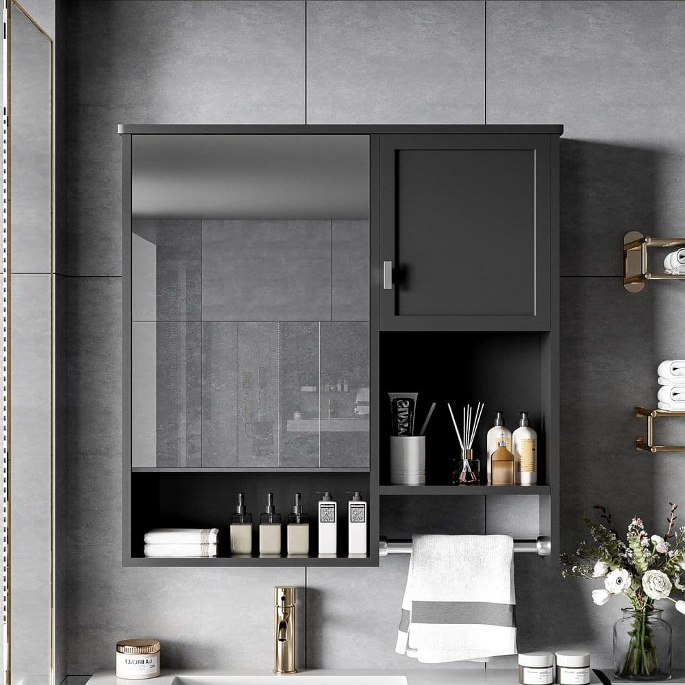29 in. W x 28 in. H Rectangular Wood Medicine Cabinet with Mirror, Bathroom Wall Medicine Cabinet with Towels Bar, Black price history on PriceWatchPro