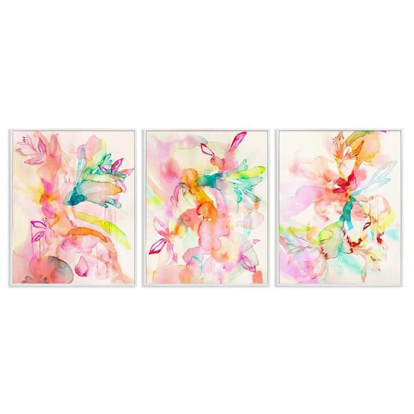 Abstract Florals & Paint Drip by Gemma Bardot 3 Piece White Framed Abstract Giclee Art Print 30 in. x 24 in.