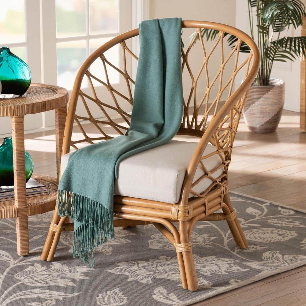 Emmeline Handcrafted Natural Rattan Bohemian Accent Chair with White Cushion