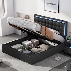 Button-Tufted Black Wood Frame Queen Size PU Leather Upholstered Platform Bed with Hydraulic Storage System, LED Lights