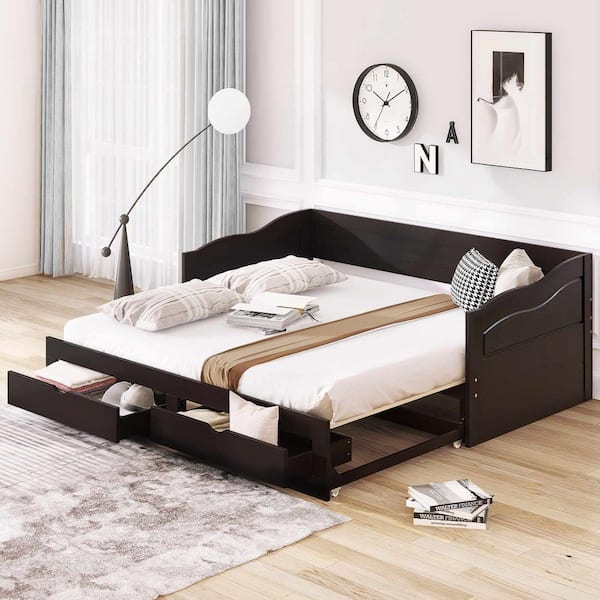 Polibi Espresso Wooden Twin Daybed with Trundle Bed and Two Storage Drawers, Extendable Bed Daybed, Sofa Bed with Two Drawers