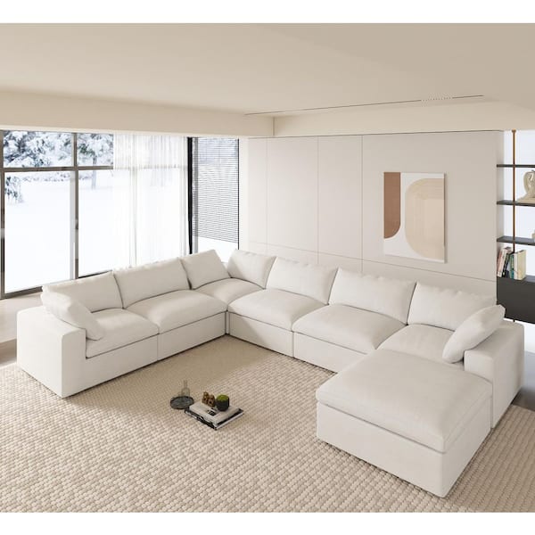 160.6 in. Square Arm Linen 7-Piece Modular Free Combination Sectional Sofa with Ottomanr in White